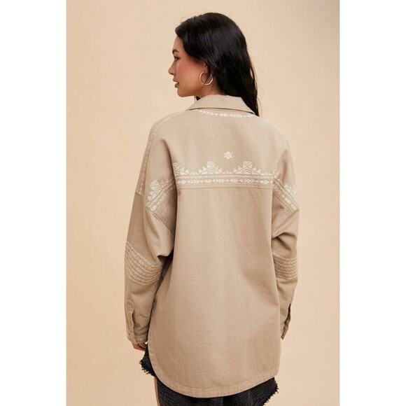 Embroidered Utility Snap Shacket Jacket Choctaw Aztec Dakota Tribal Cowgirl S - Picture 3 of 9